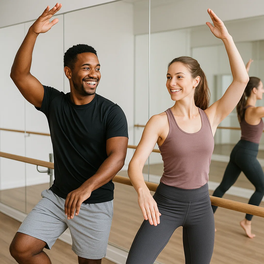 Man and woman performing barre together
