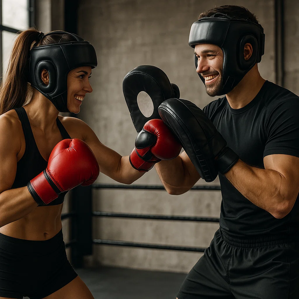 Man holding boxing pads for woman with boxing gloves