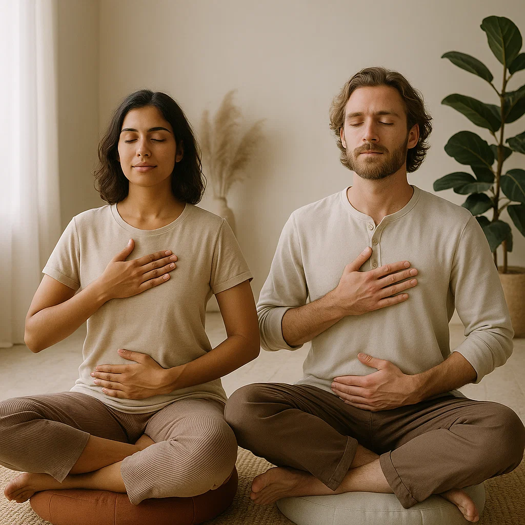 Man and woman performing breathwork together