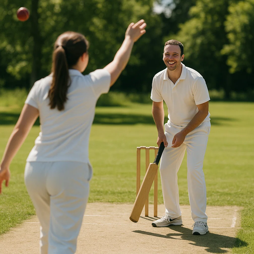 Man and woman playing cricket outside