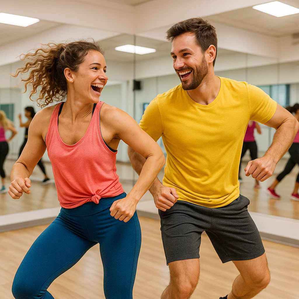 Man and woman performing dance fitness together