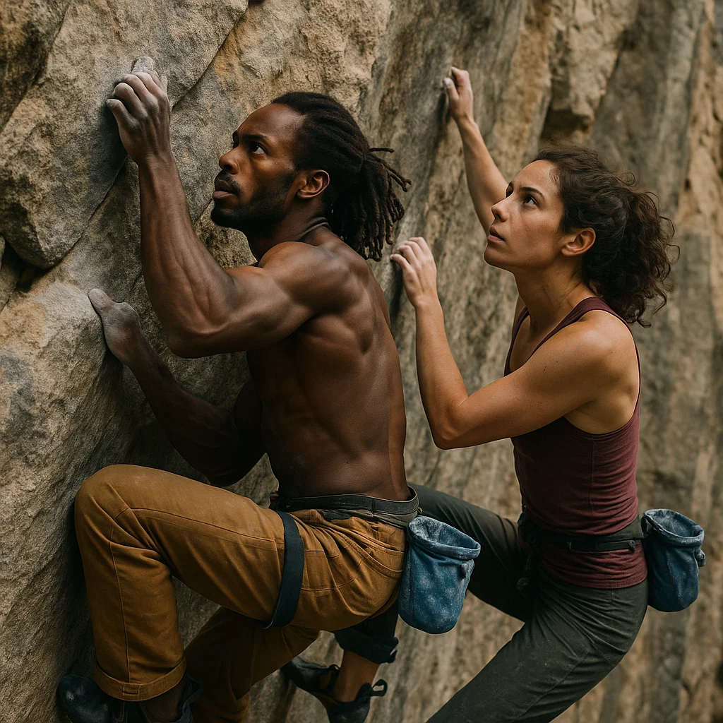 Man and woman free climbing a mountain