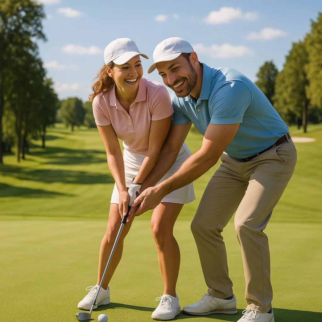 Man and woman playing golf outside