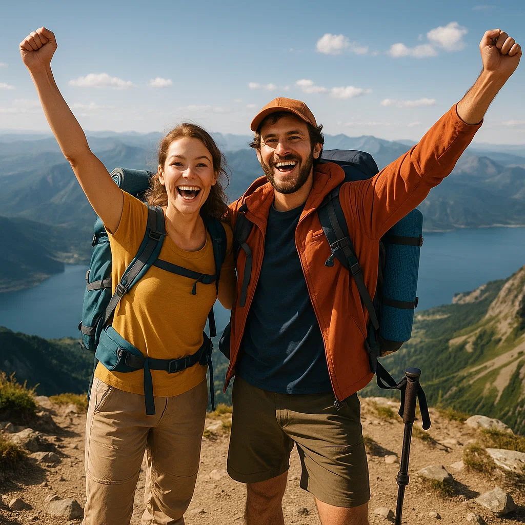 Man and woman cheering on mountain summit