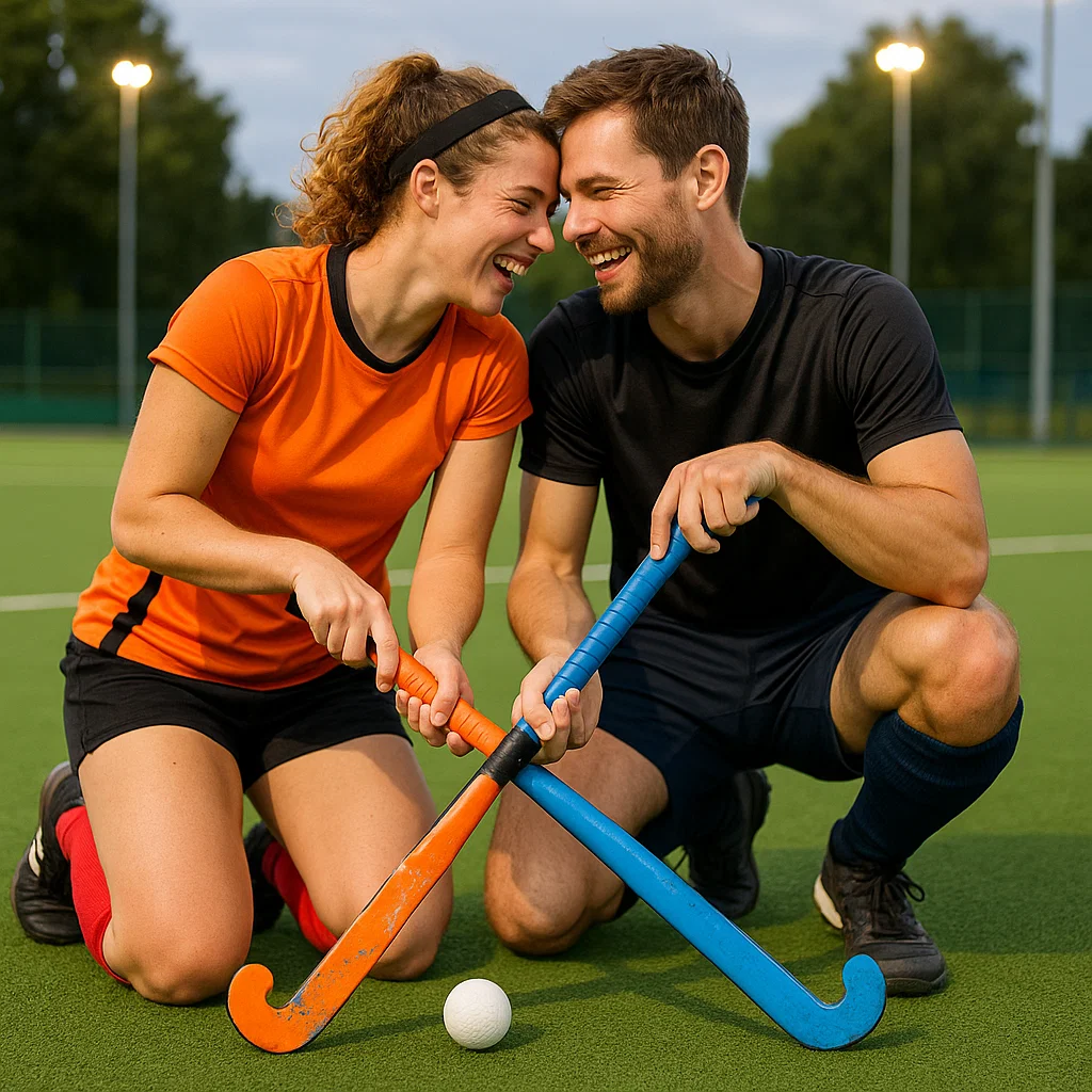 Man and woman playing hockey outside