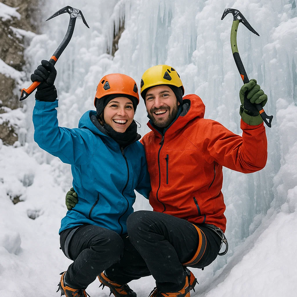 Man and woman ready to ice climb