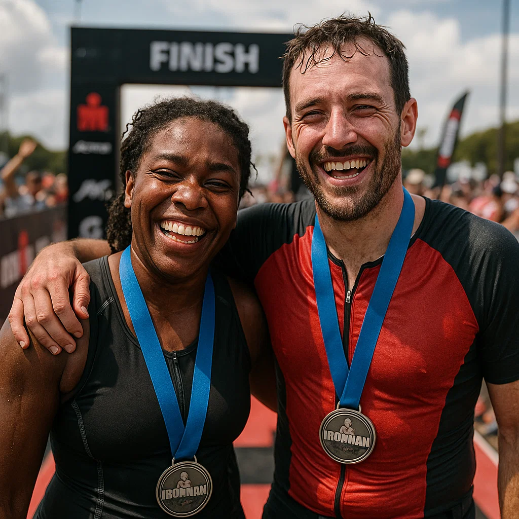 Man and woman smiling after completeing Ironman competition
