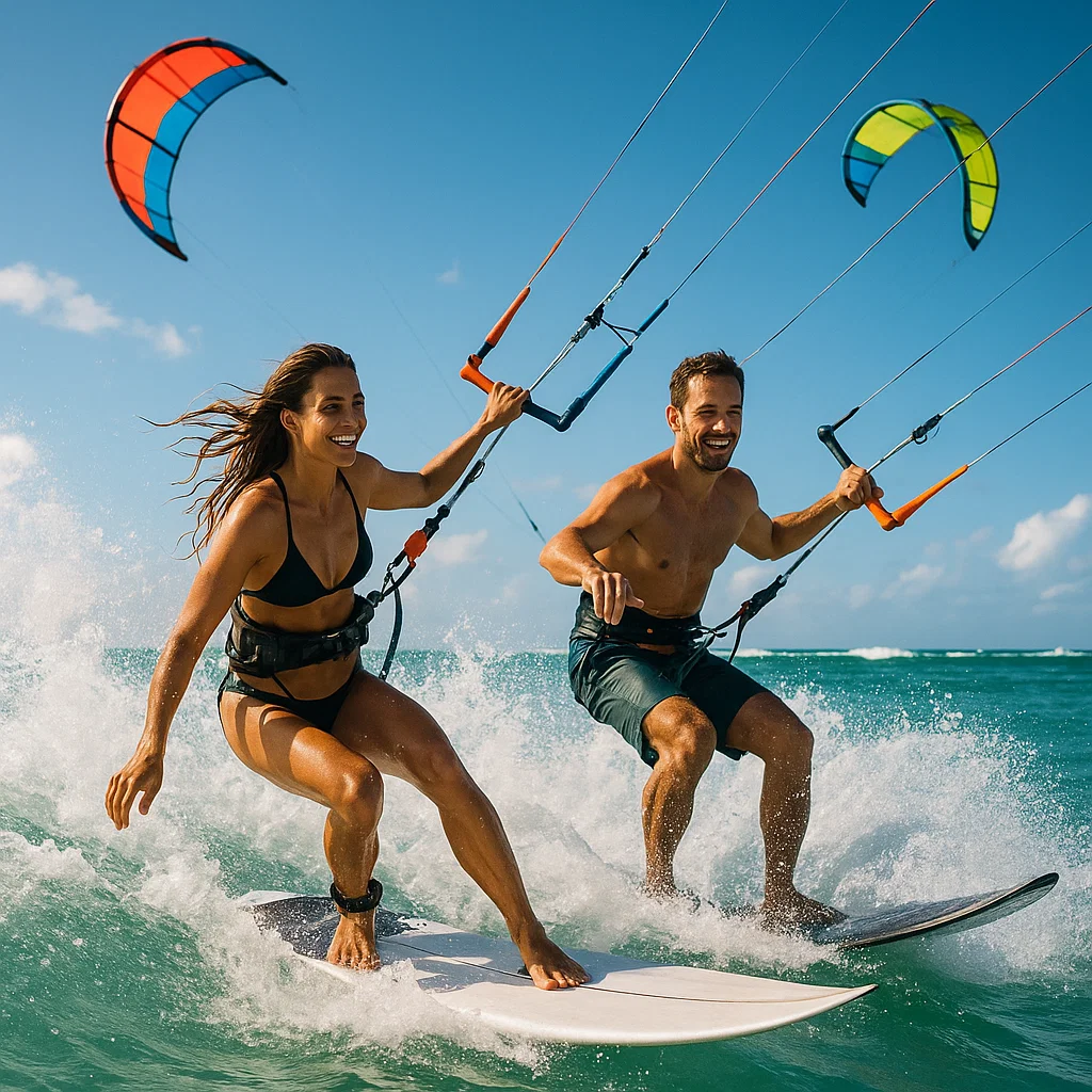 Man and woman kiteboarding next to each other