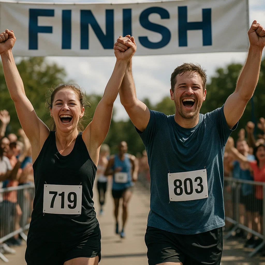 Man and woman cheering as they finish marathon