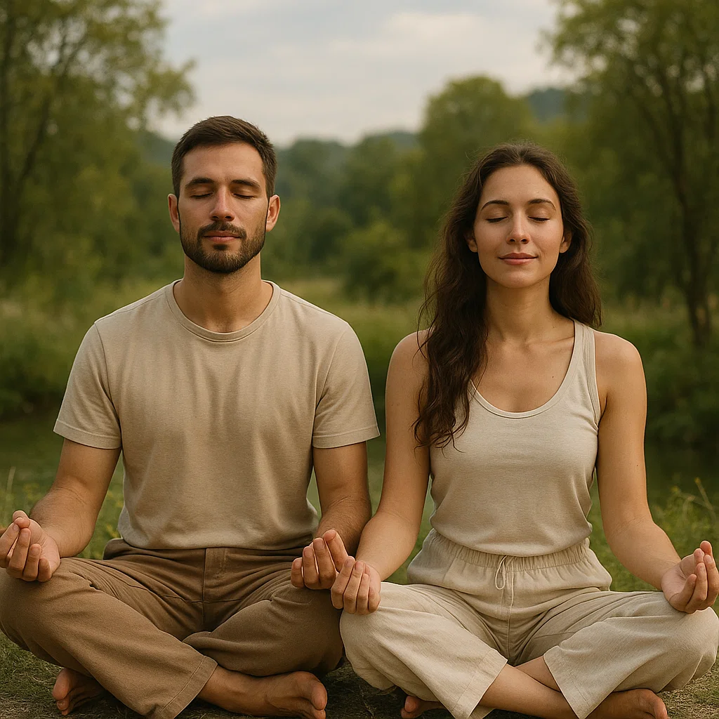 Man and woman meditating together outside