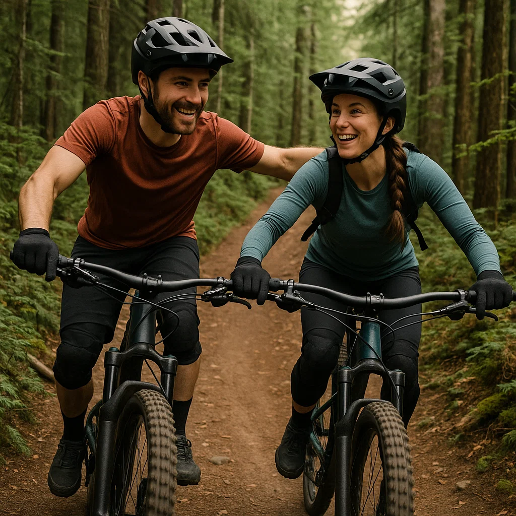 Man and woman mountain biking on dirt road