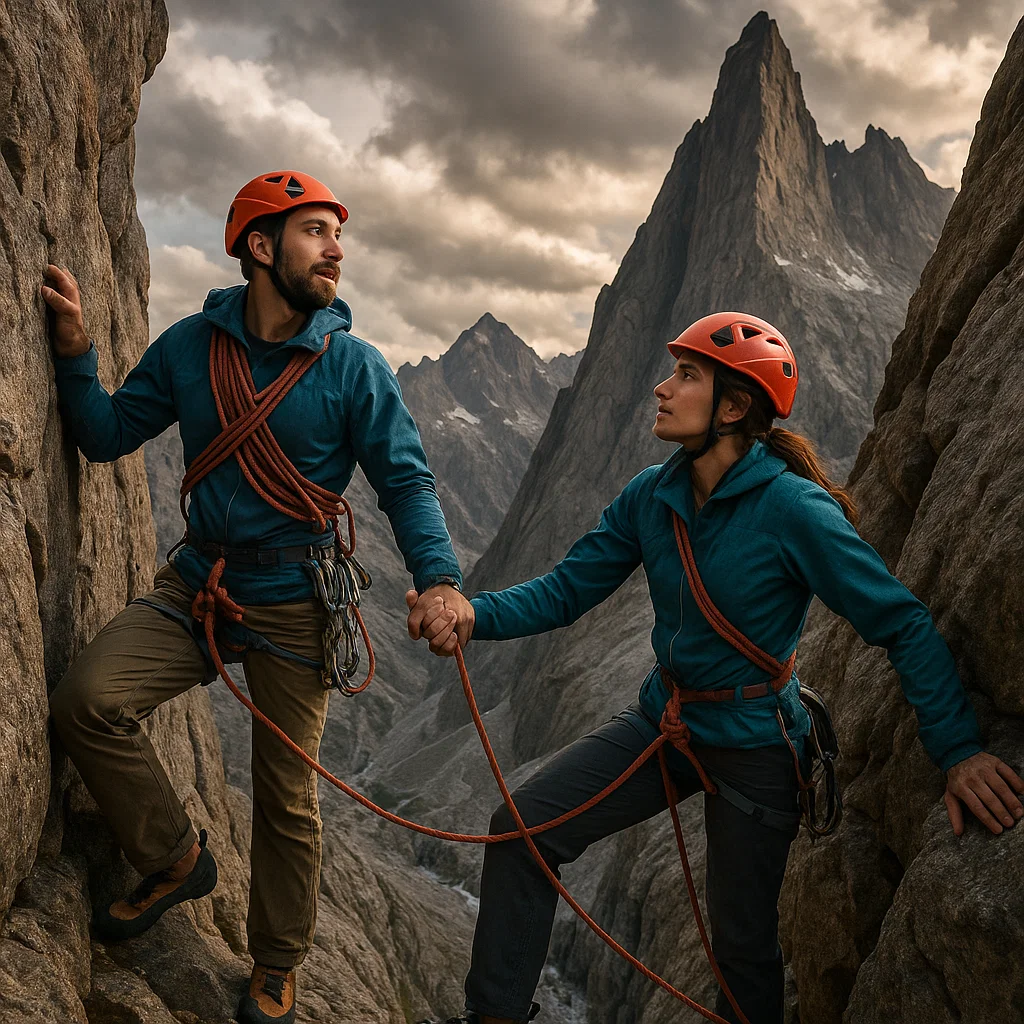 Man and woman mountain climbing