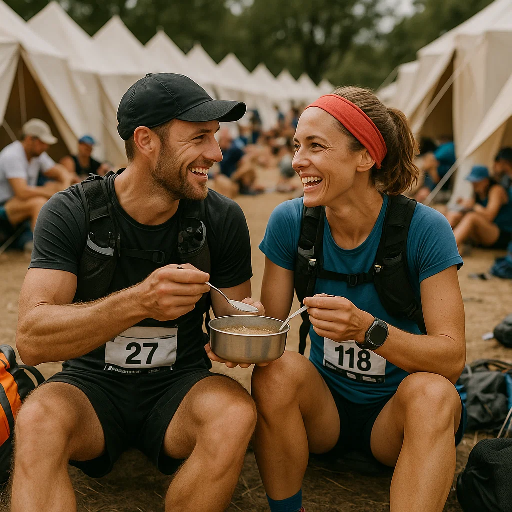 Man and woman eating soup on break from multi-day event