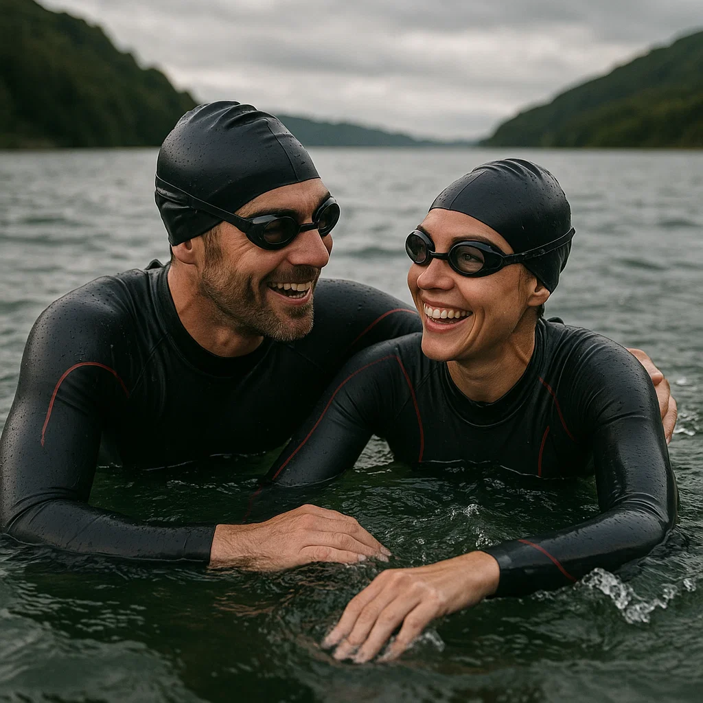Man and woman open water swimming