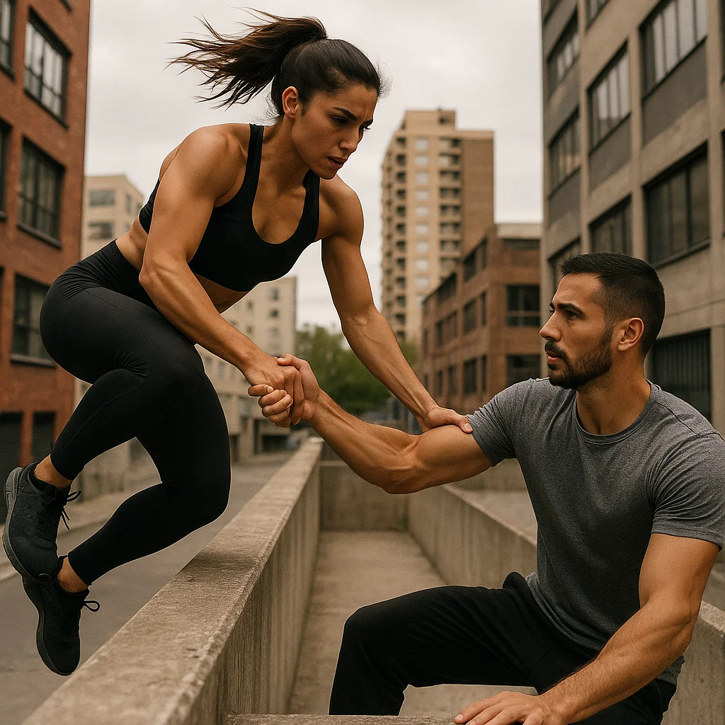 Man and woman helping perform parkour