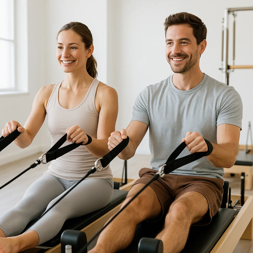 Man and woman performing pilates together