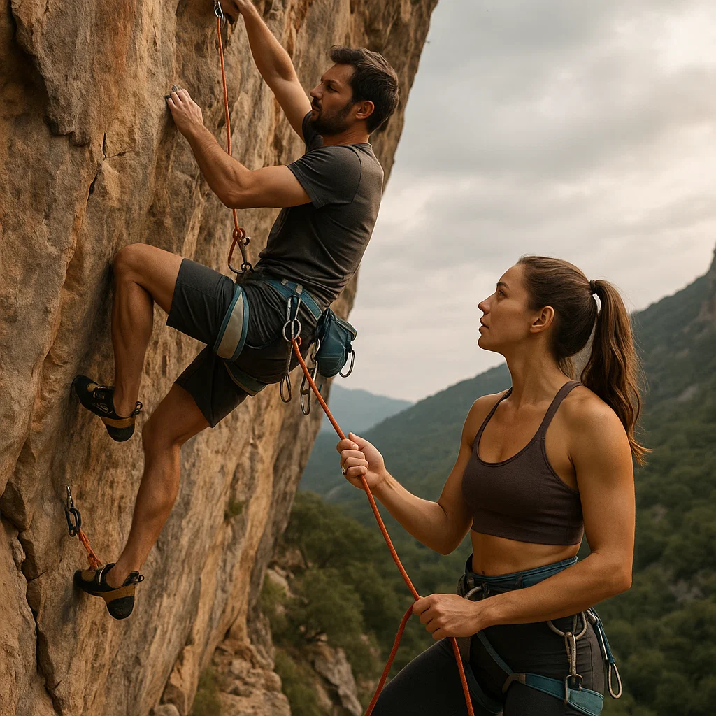 Man and woman rock climbing