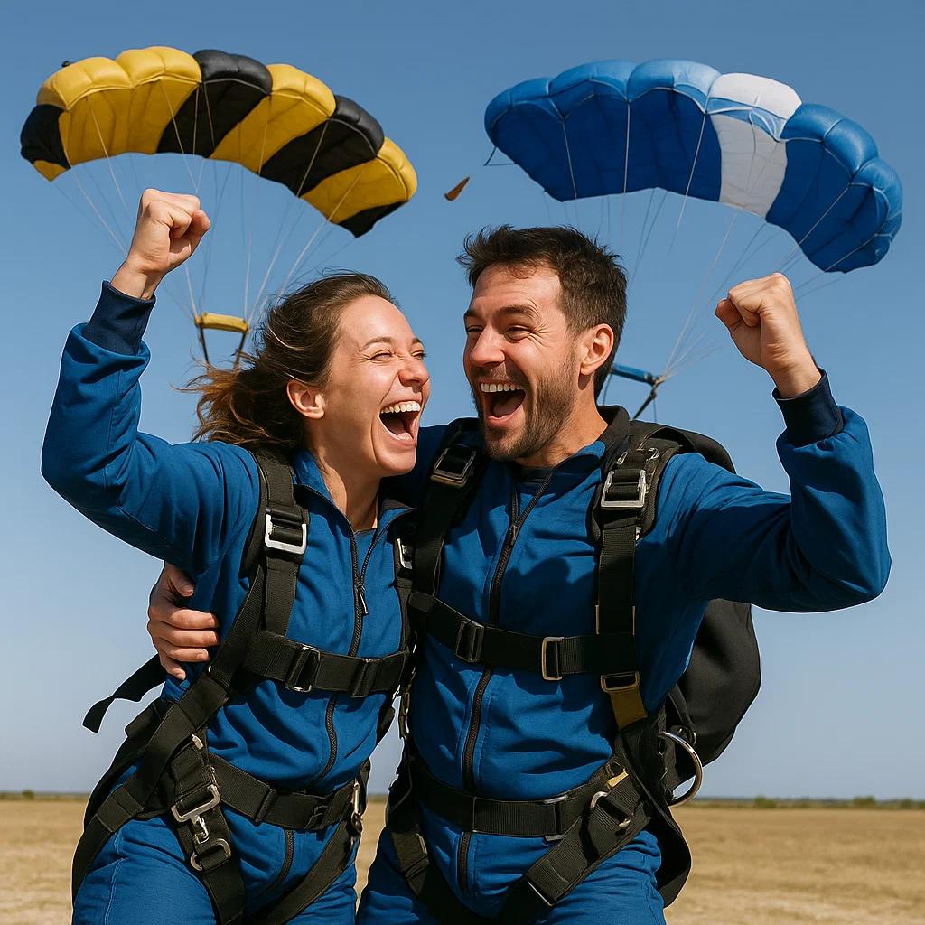 Man and woman cheering after skydive