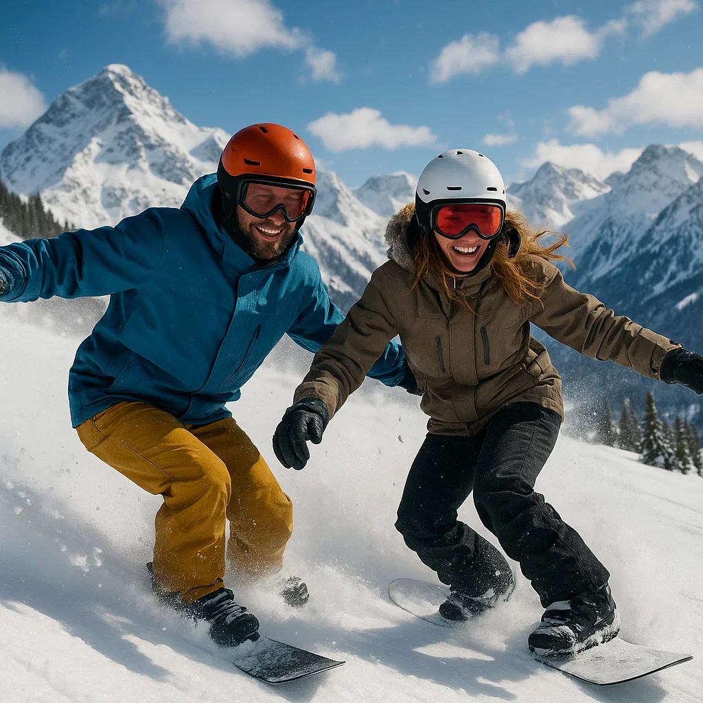 Man and woman snowboarding on snowy mountain