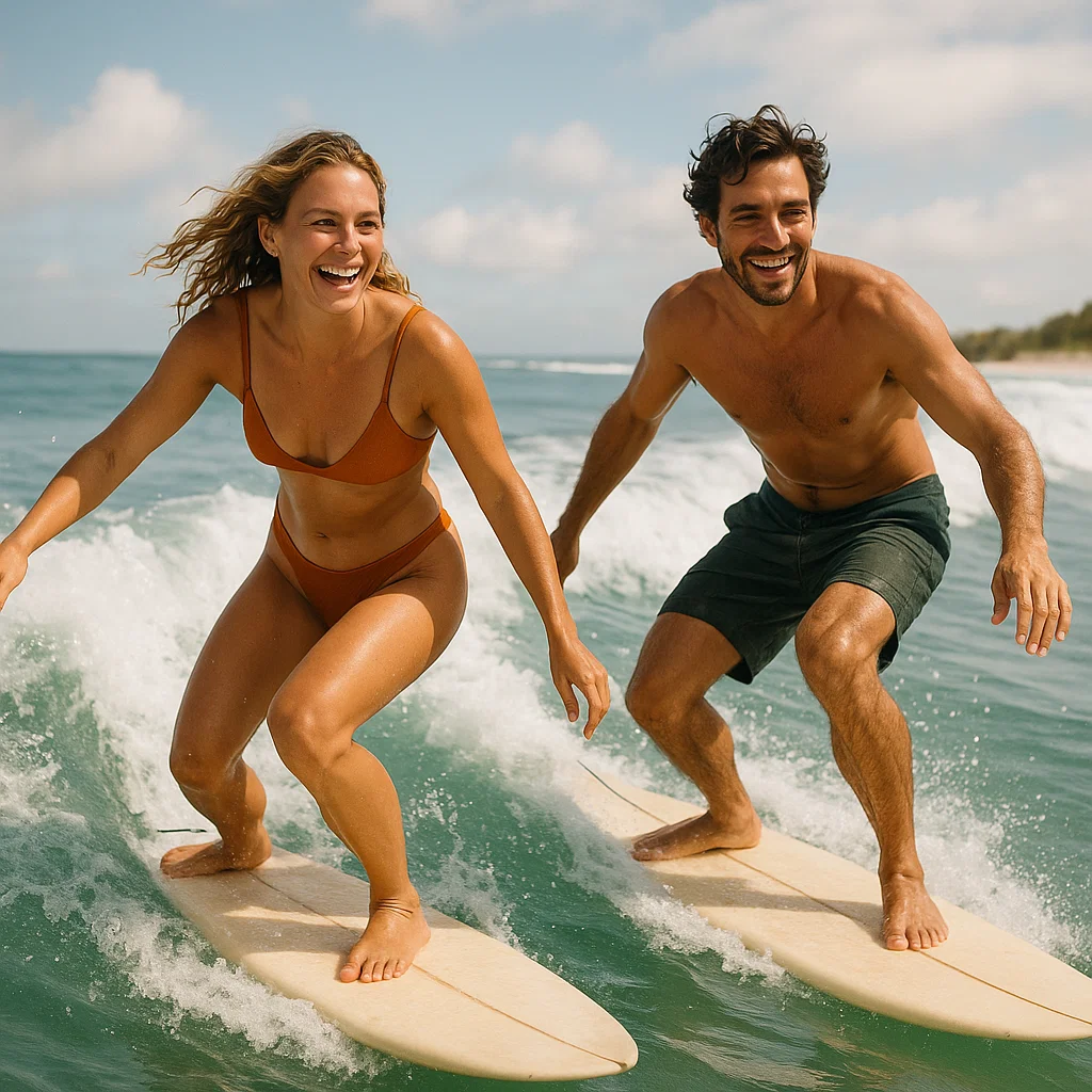 Man and woman surfing next to each other