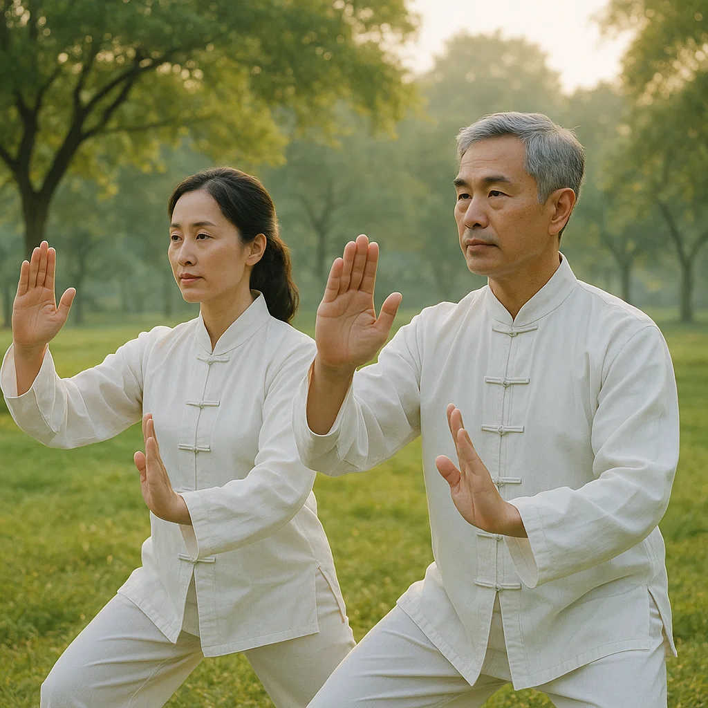 Man and woman performing tai chi together