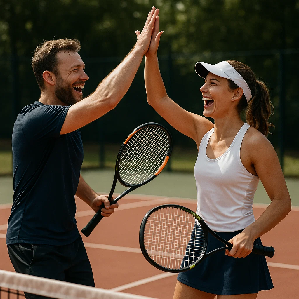 Man and woman playing tennis outside