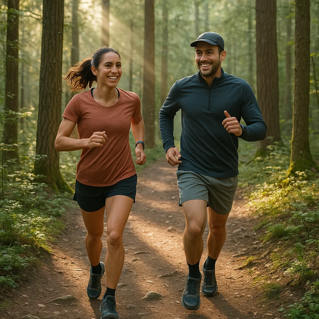 Man and woman trail running