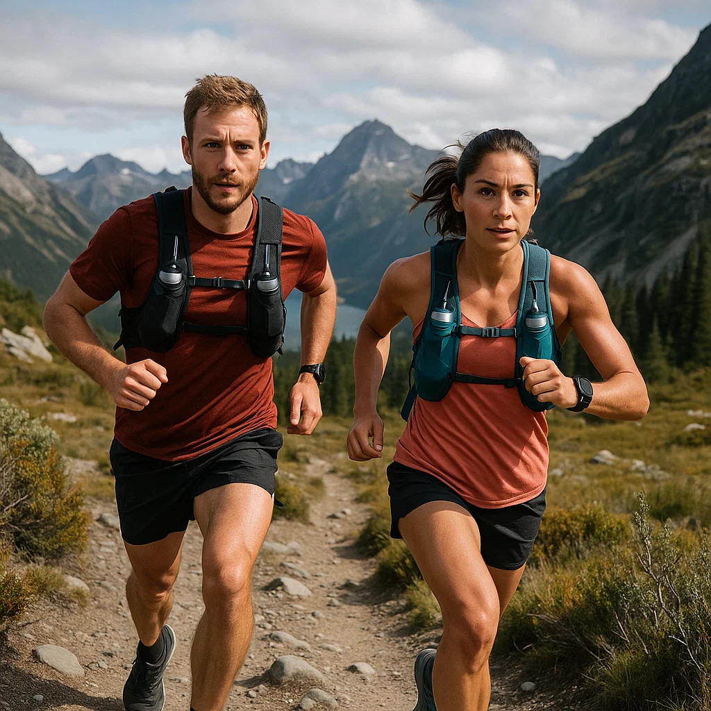Man and woman ultra-trail racing
