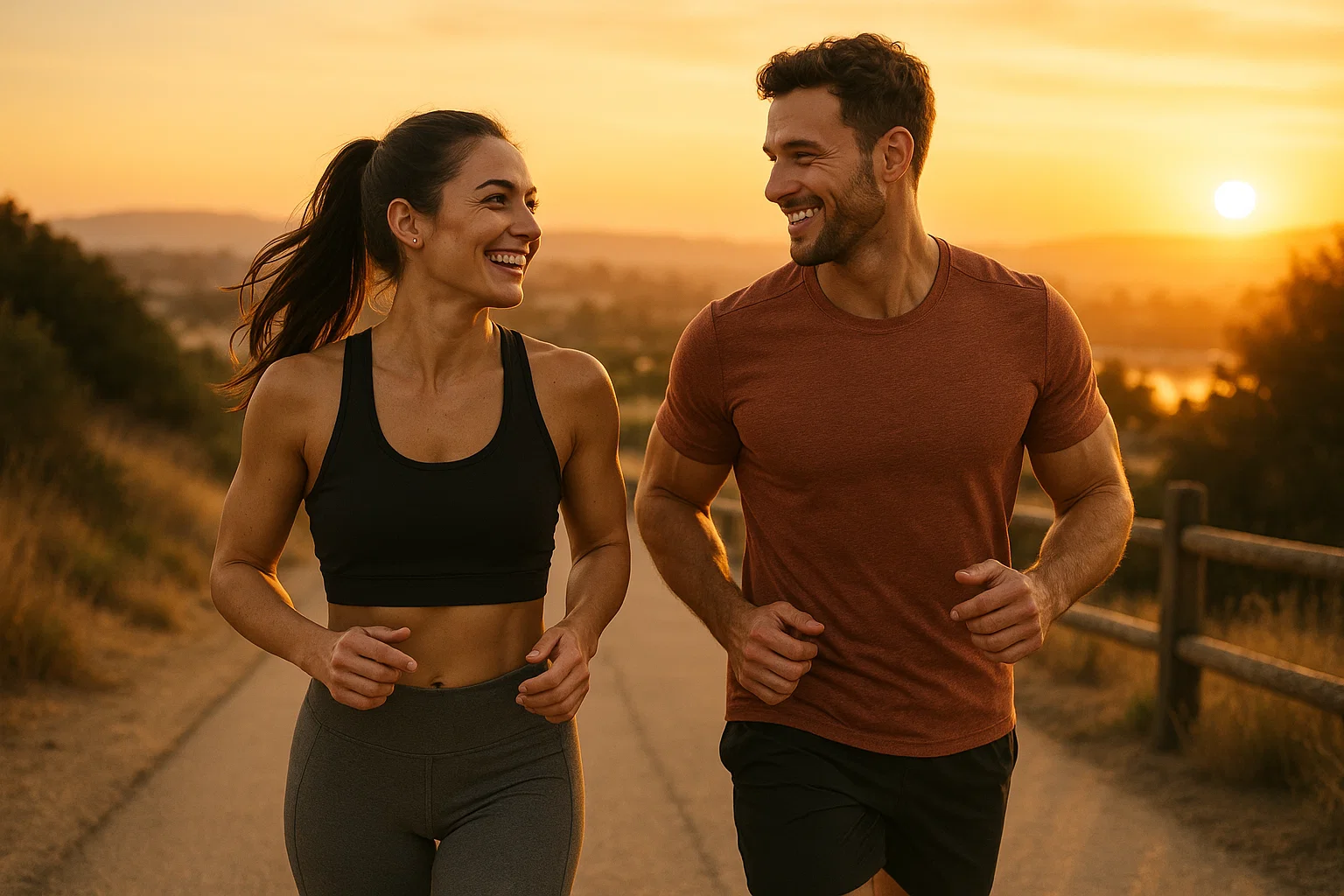 A fit couple jogging together on a golden hour scenic path