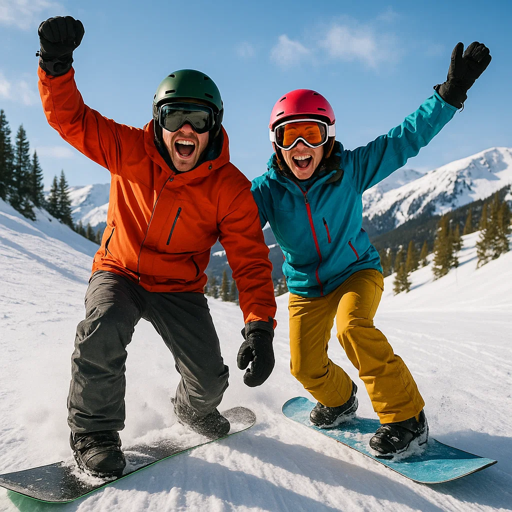 Man and woman snowboarding whilst cheering towards camera