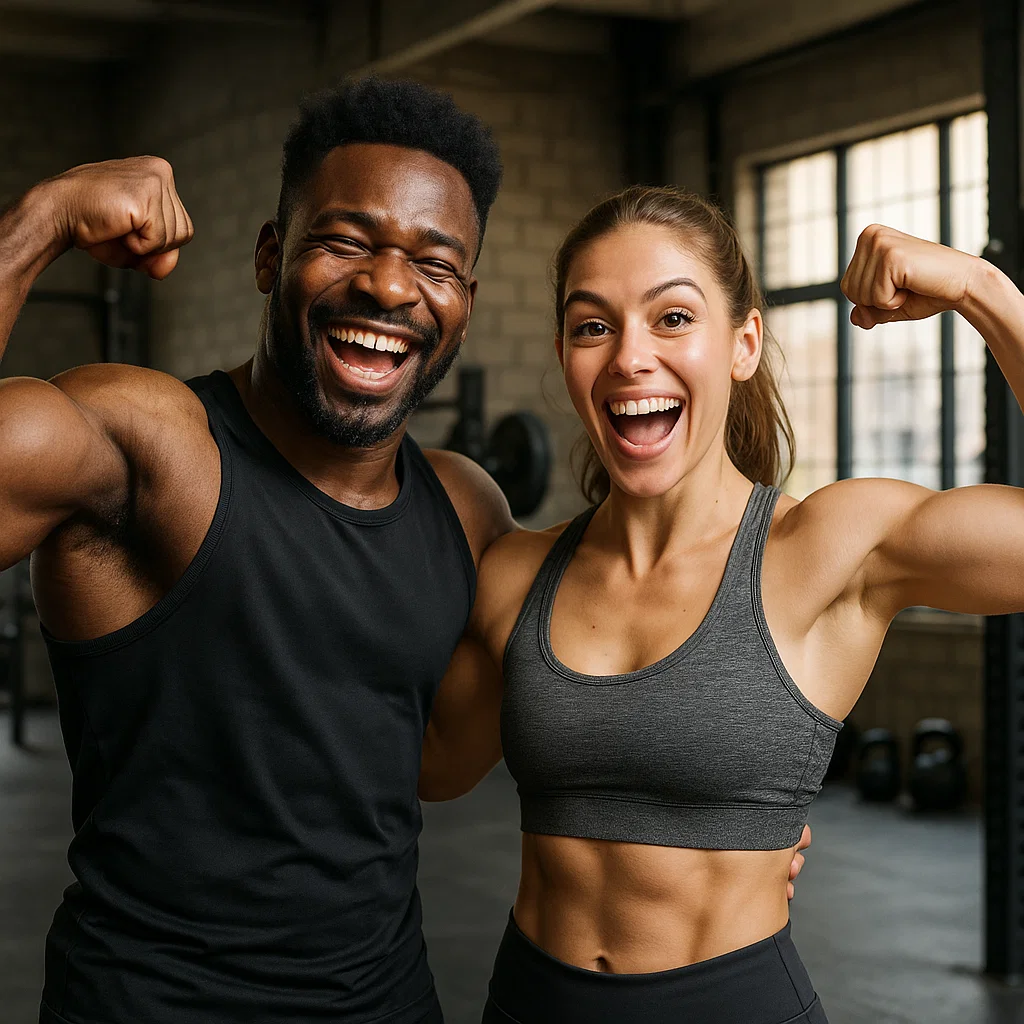 Man and woman flexing muscles in gym
