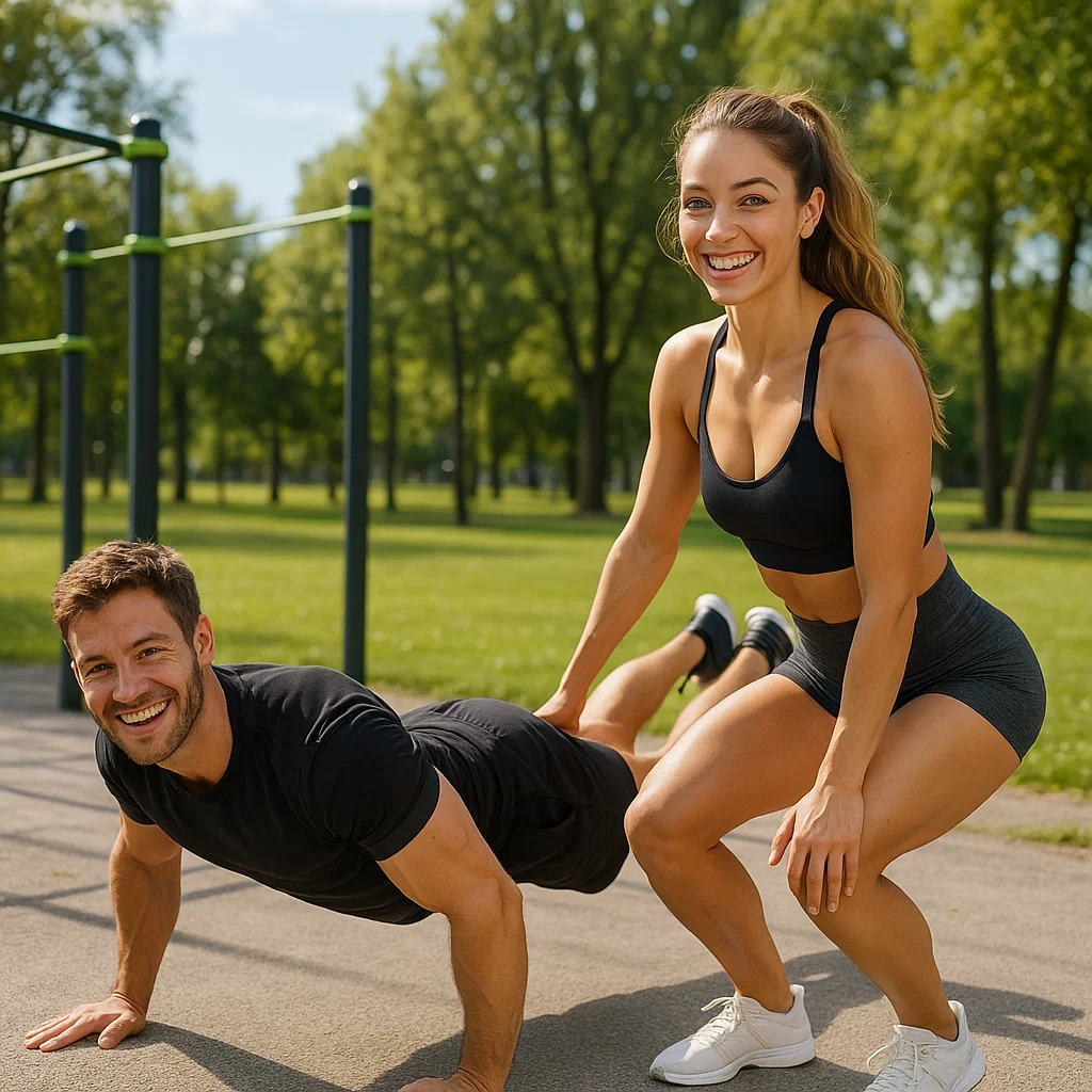 Man and woman performing calisthenics in outside gym