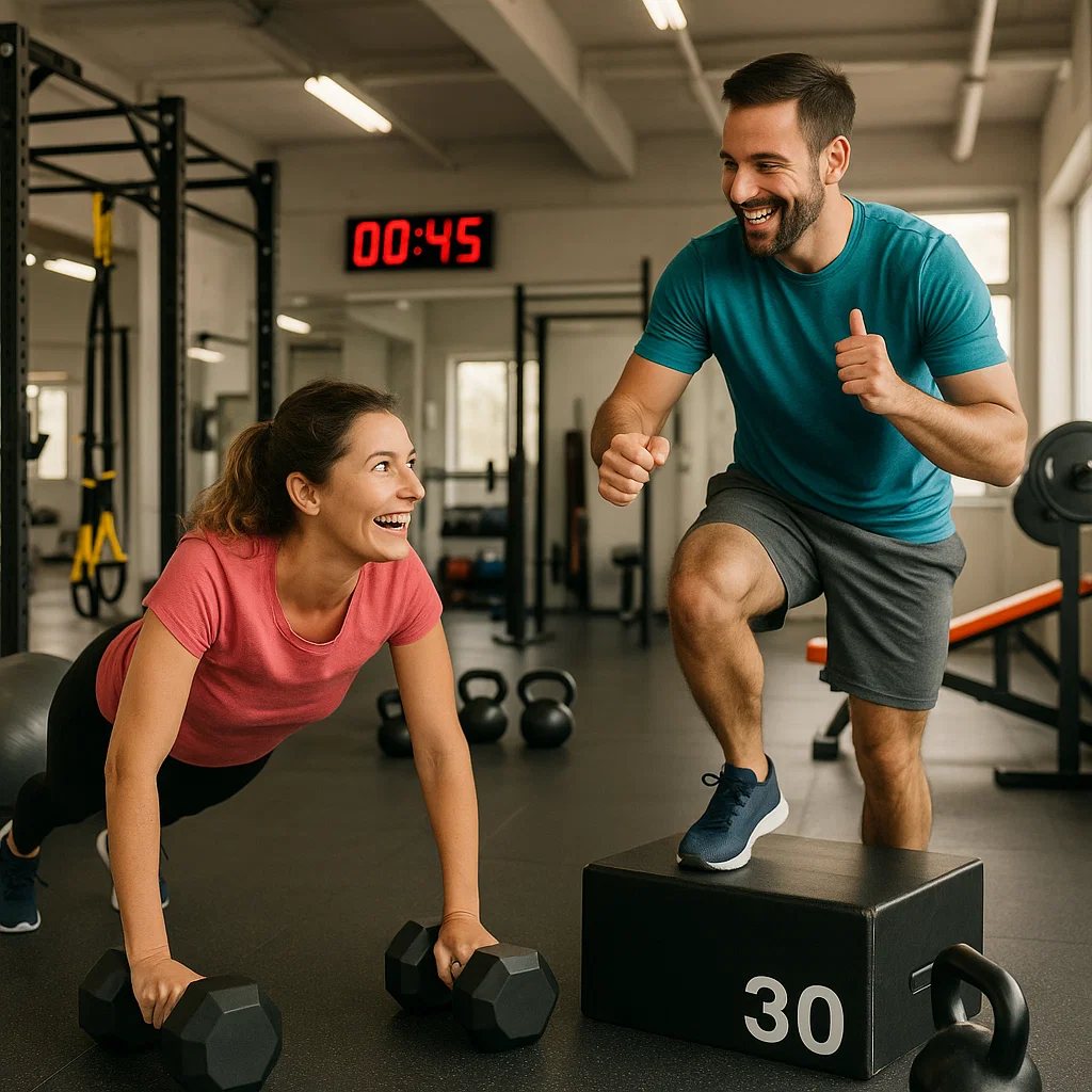 Man and woman circuit training in gym