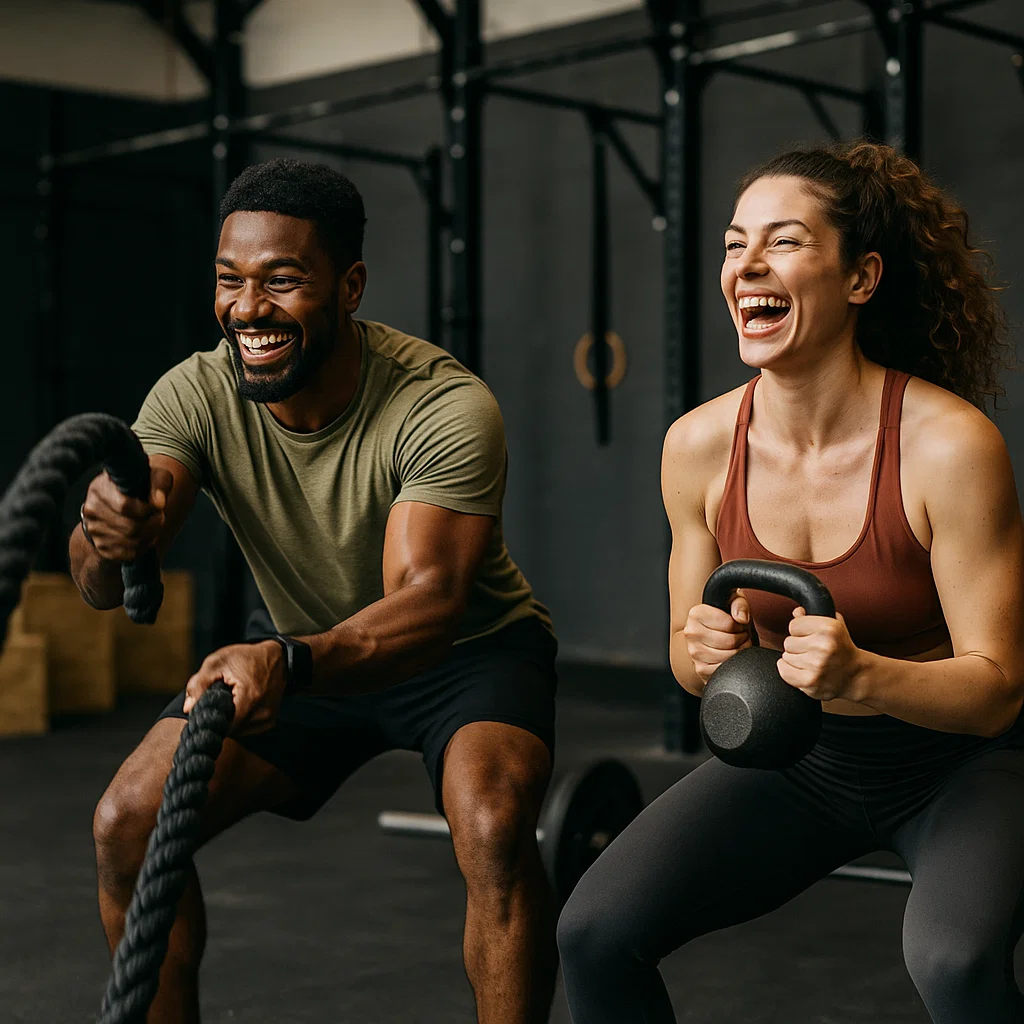 Man and woman doing a CrossFit workout in gym