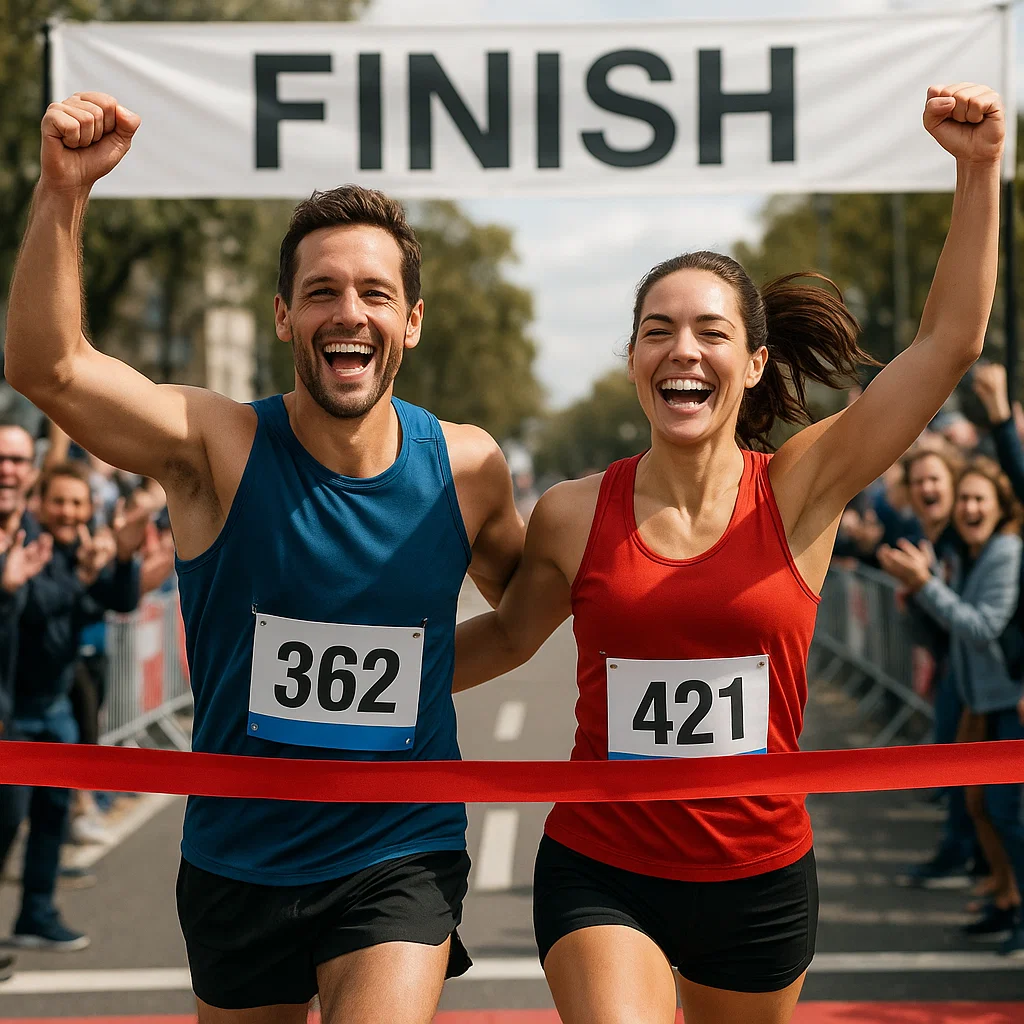 Man and woman celebrating before crossing finish line