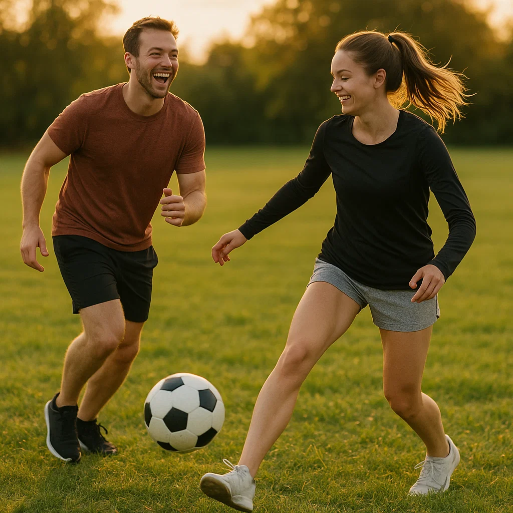 Man and woman playing football in field