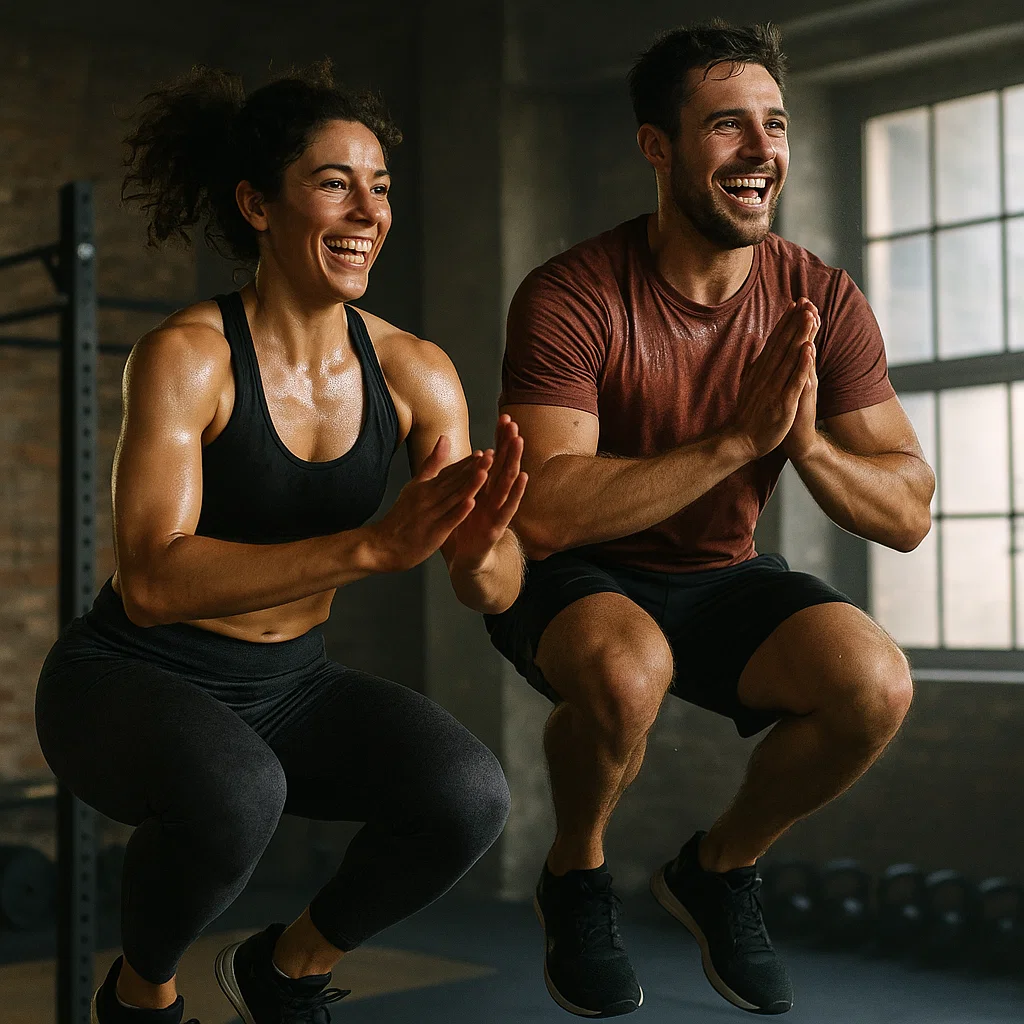 Man and woman jumping onto box in gym