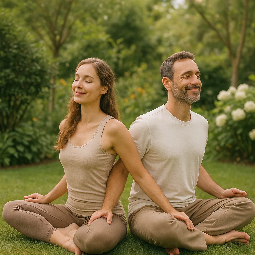 Man and woman performing yoga together