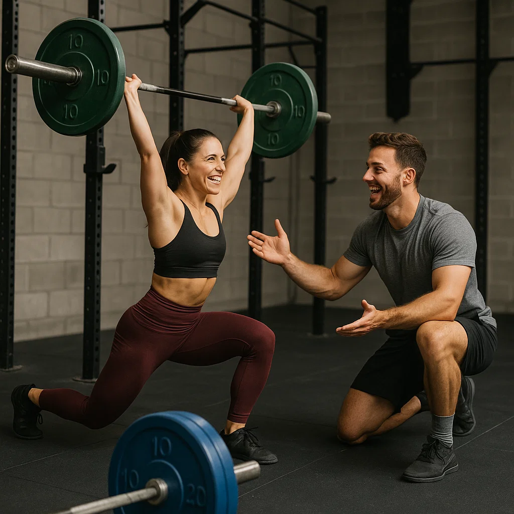 Man teaching woman olympic lifting in gym