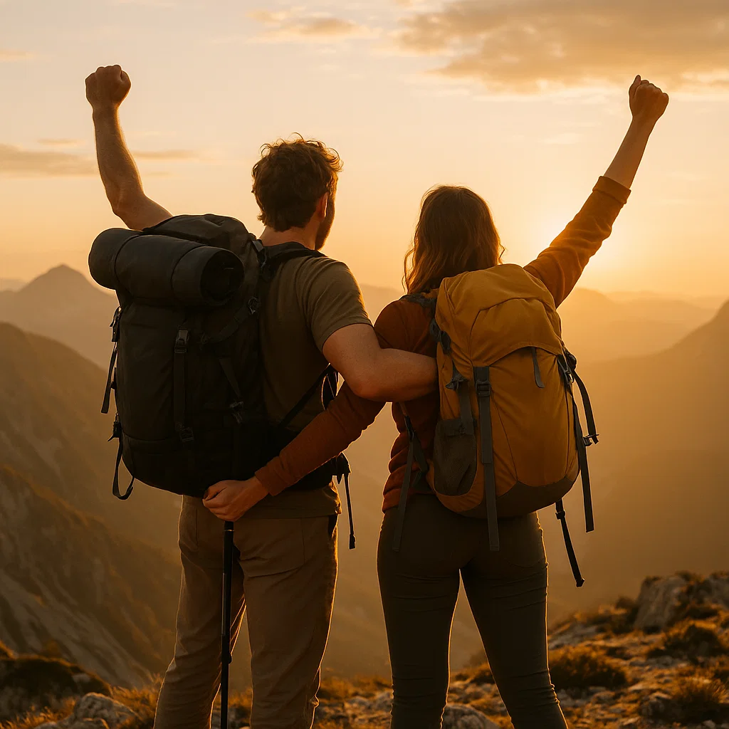 Man and woman cheering at mountain peak