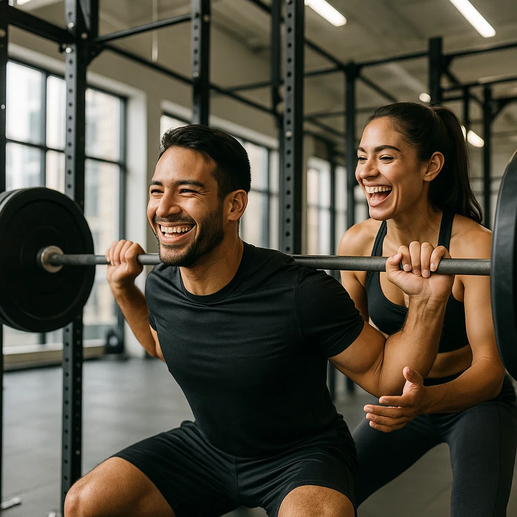 Man doing weighted squats with woman spotting