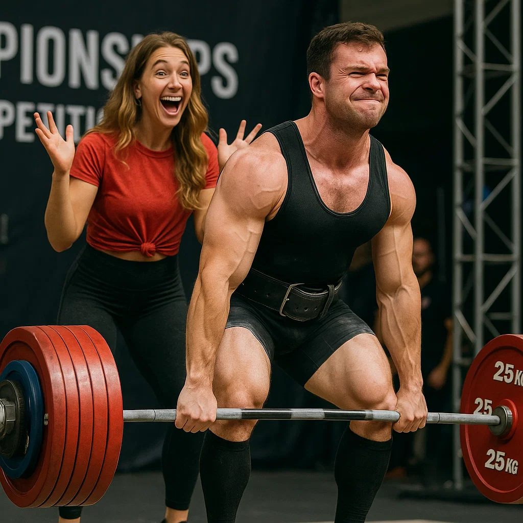 Woman supporting man powerlifting in competition
