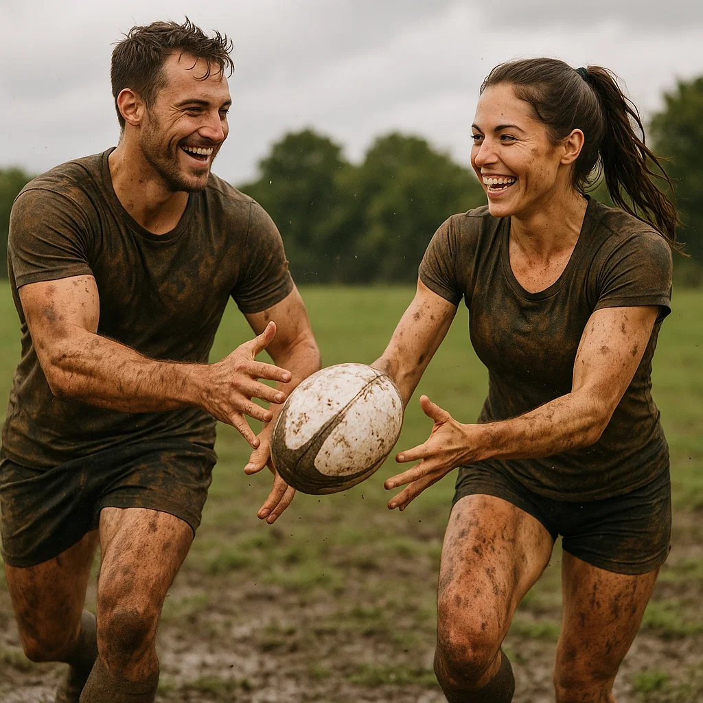Muddy man and woman playing rugby on field