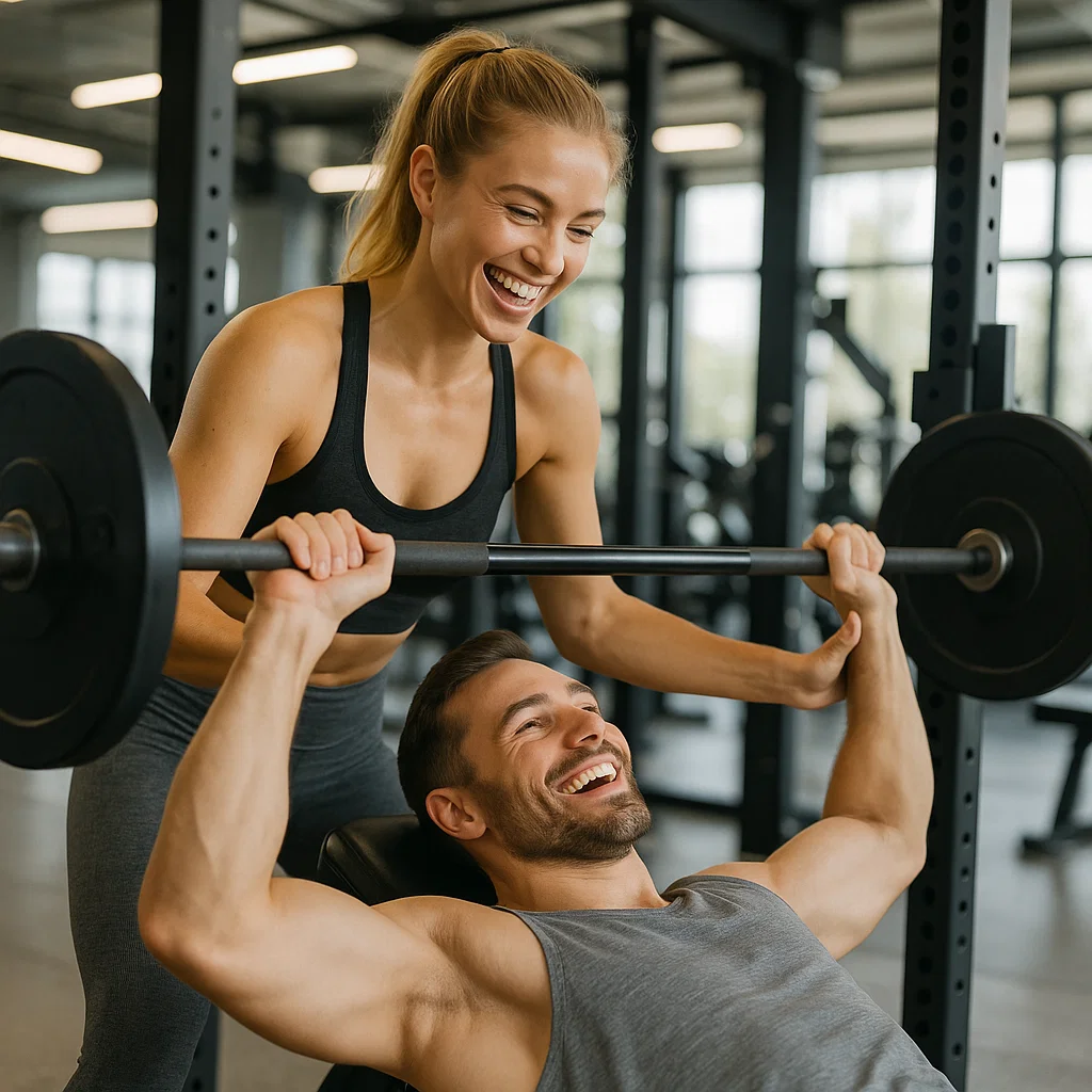 Woman spotting man in shoulder press lift