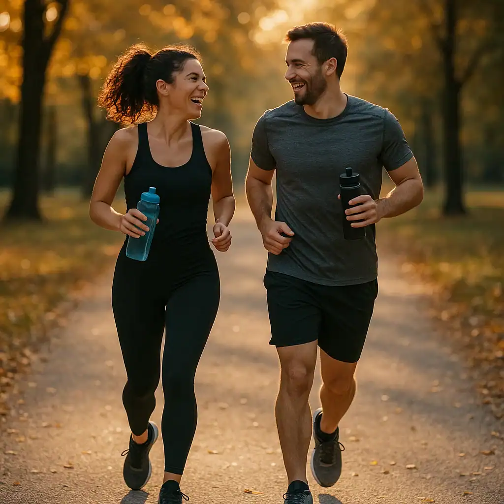 A fit couple jogging together on a golden hour scenic path