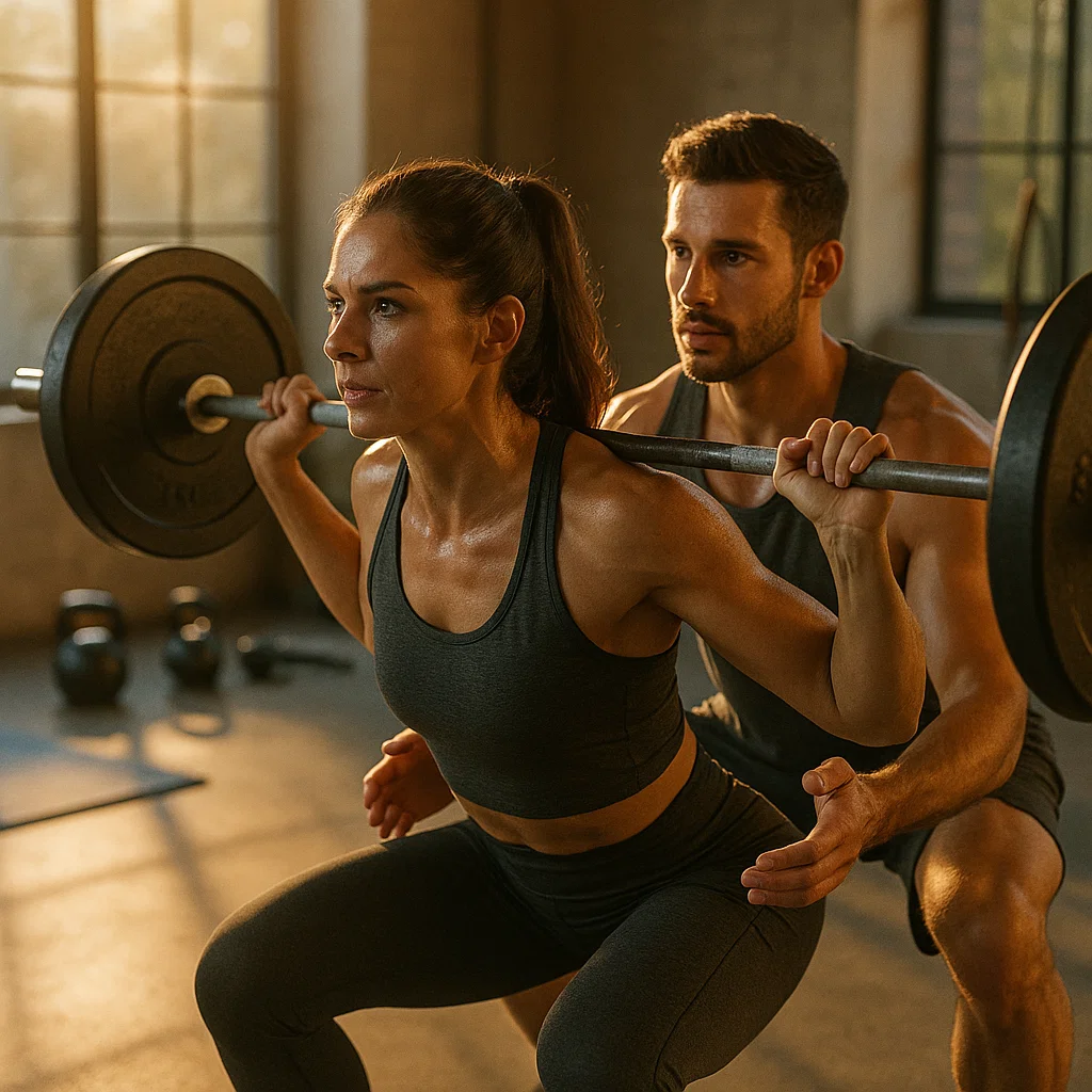 Man spotting woman for squats