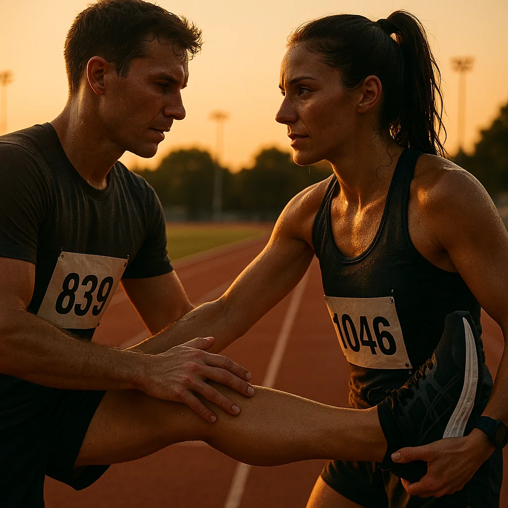 Woman helping stretch man's calf before race