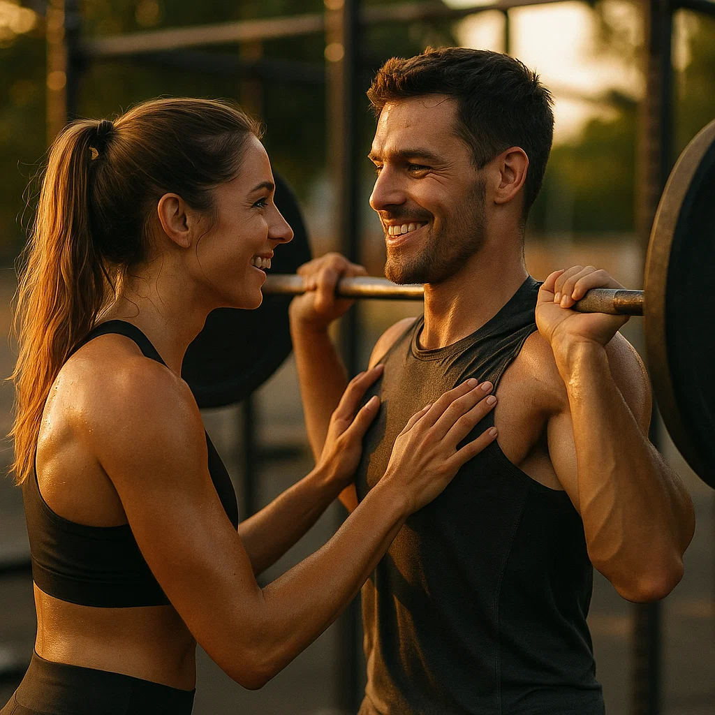 Man and woman lovingly look at each other during workout