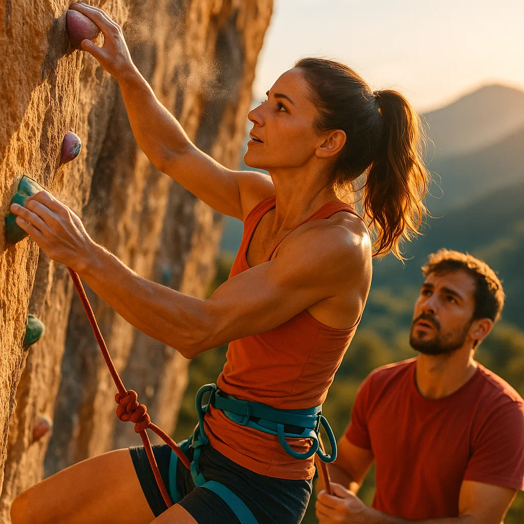 Man and woman rock-climbing