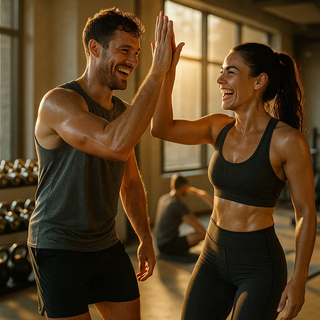 Man and woman high-fiving after workout